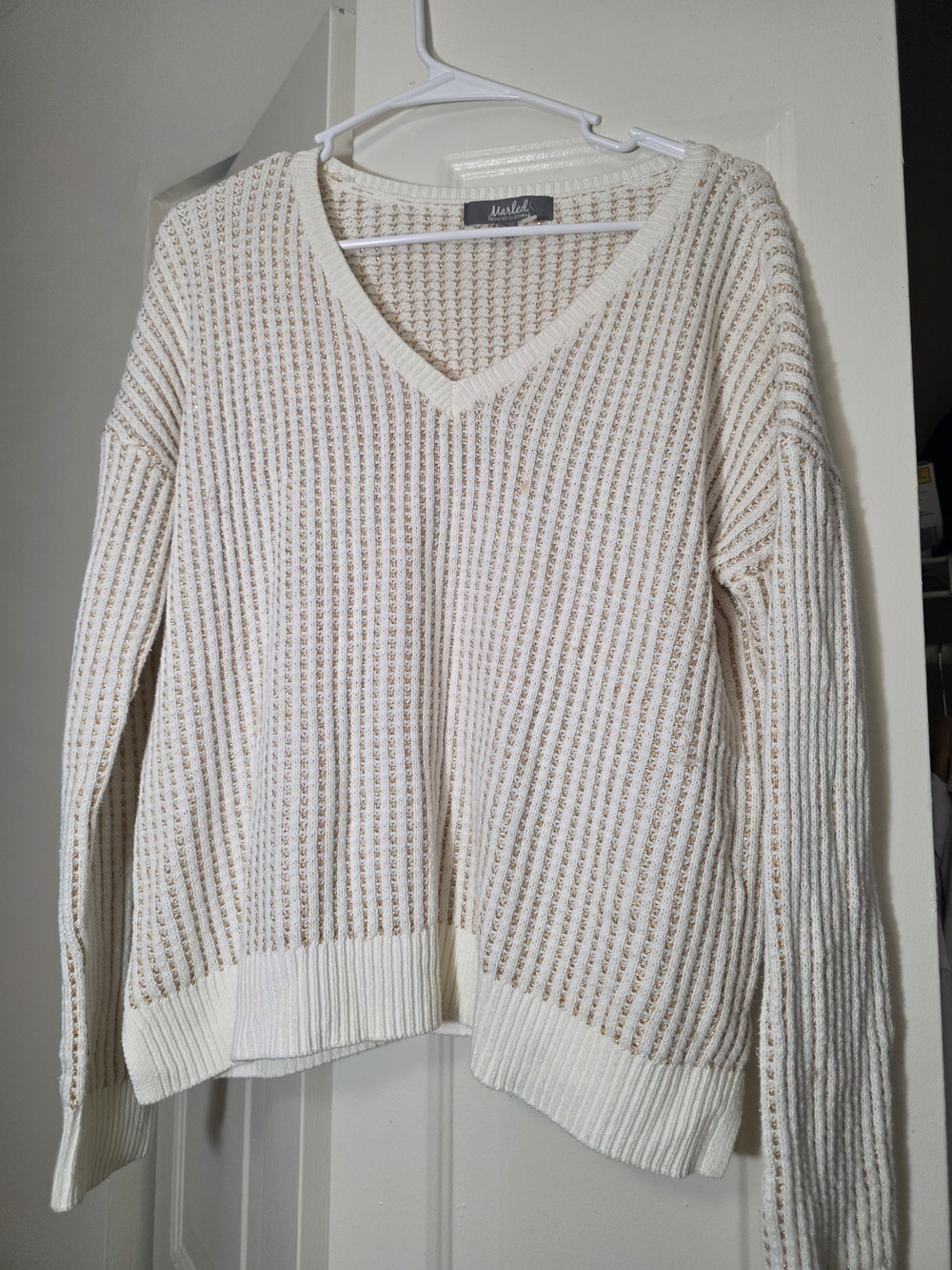 Marled Cream Open-Knit V-Neck Sweater